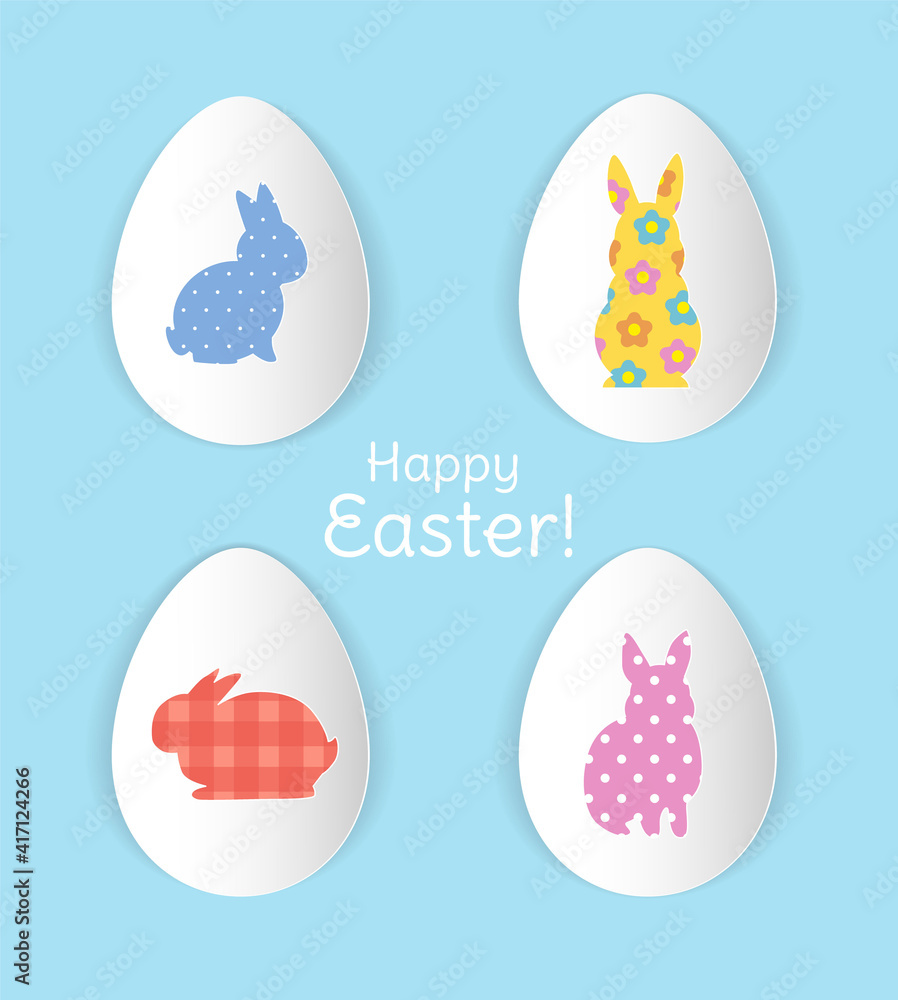 Happy Easter greeting card design with decorative paper eggs and bunny silhouettes filled with different bright patterns. - Vector Happy Easter greeting card design with decorative paper eggs and bunny silhouettes filled with different bright patterns. - Vector