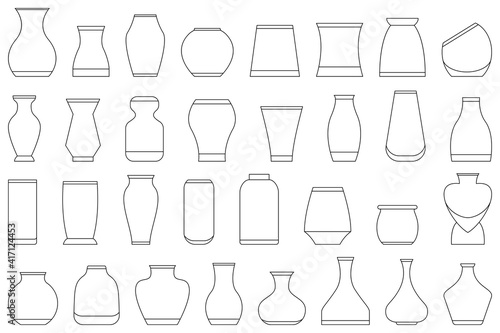 Glass or ceramic vase for flowers, bouquets, interior decoration. Set of vector icons isolated on white, outline style. Table vases of various shapes and purposes.