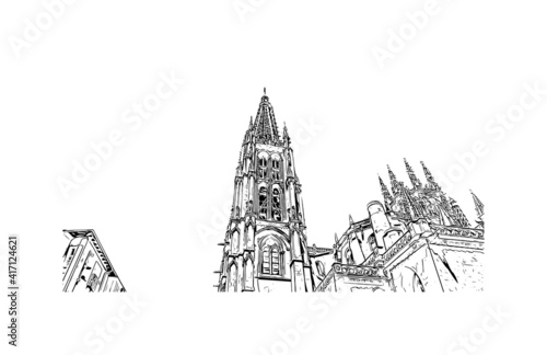 Building view with landmark of Burgos is the
city in Spain. Hand drawn sketch illustration in vector.