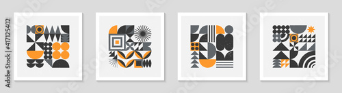 Bundle of abstract bauhaus geometric pattern backgrounds.Trendy minimalist geometric design with simple shapes and elements.Mid century modern artistic vector illustration.Futuristic wall art decor.