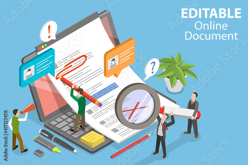 3D Isometric Flat Vector Conceptual Illustration of Editable Online Document, Text Editing Together.