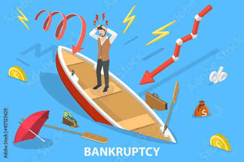 3D Isometric Flat Vector Conceptual Illustration of Business Bankruptcy, Financial Crisis.