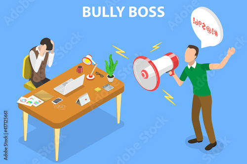 3D Isometric Flat Vector Conceptual Illustration of Bully Boss, Workplace Bullying and Harassment.