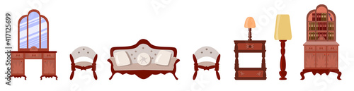 Vector Set of elegant antique furniture in a flat style. Nice antique nightstand, a bookcase with books, a floor lamp,  vanity, lamp, a cozy sofa, chair are isolated on a white background.
