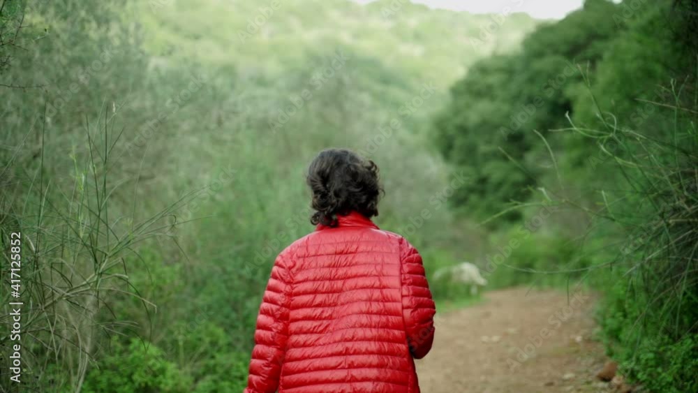 Young woman hiker with warm red wind coat walks in nature - a dog in background. Traveling outdoors surrounded by trees and green vegetation a female traveler walks on trail in slow motion tracking Young woman hiker with warm red wind coat walks in nature - a dog in background. Traveling outdoors surrounded by trees and green vegetation a female traveler walks on trail in slow motion tracking