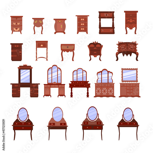 Set of cute antique nightstands, chests of drawers and bureaus, dressing tables isolated on a white background. Collection of antique furniture for bedroom. Vector illustration in a flat style.