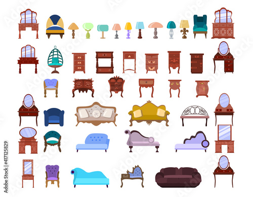 Set of cute antique nightstands, chests of drawers, armchairs, sofas, couches,  lamps, dressing table, cabinets isolated on a white background. Furniture collection. Vector illustration in flat style.