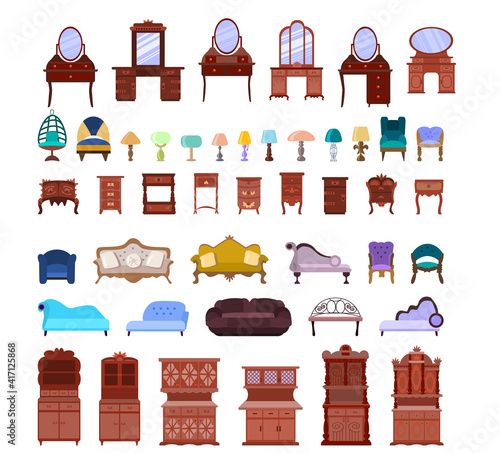 Set of cute antique nightstands, chests of drawers, armchairs, sofas, couches,  lamps, dressing table, cabinets isolated on a white background. Furniture collection. Vector illustration in flat style.