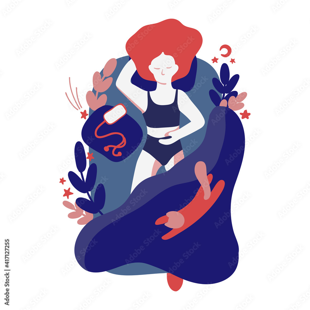 Cute girl sleeps on side. Postcard of woman and cat in bed. Girl in pajama sleeping in different poses. Mattress for sweet dreams. Time for yourself, healthcare, relax concept. Vector illustration Cute girl sleeps on side. Postcard of woman and cat in bed. Girl in pajama sleeping in different poses. Mattress for sweet dreams. Time for yourself, healthcare, relax concept. Vector illustration