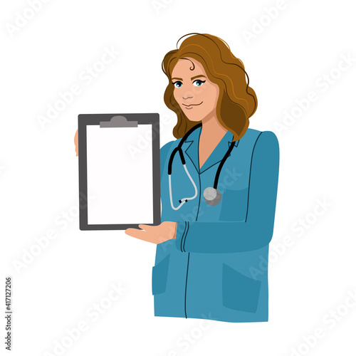 A female doctor with a folder and a stethoscope on a white background. Healthcare. Vector illustration.