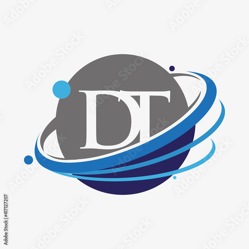 initial letter DT logotype company name colored blue and grey swoosh and globe design. isolated on white background. photo