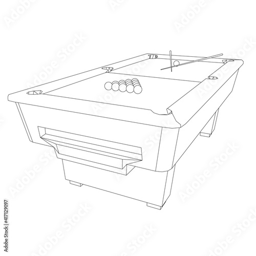 Contour of a billiard table with balls and cues. Vector illustration