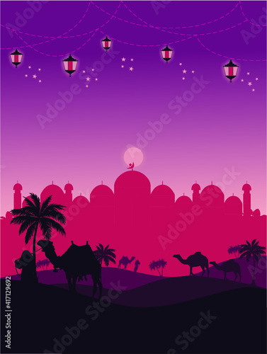 a view in the desert with a background of a mosque and a camel