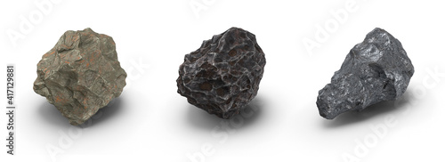 Iron Meteorite with Shadow (Space Objects) isolated on White Background.