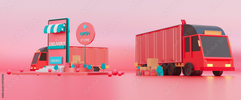 Fototapeta premium Online delivery smartphone,E-commerce service concept,online order shopping,technology gps pin tracking logistic shipping on mobile,fast transport truck to customer,3d render illustration web banner