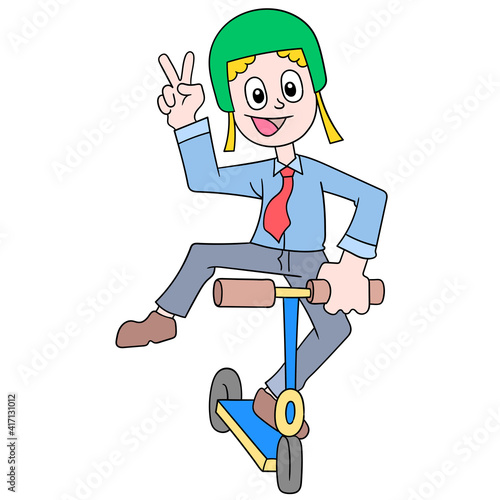 a man riding a toy scooter with a happy face, doodle icon image kawaii