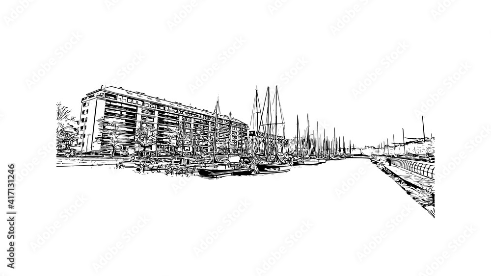 Building view with landmark of Caen is a port city and capital of Calvados department in northern France. Hand drawn sketch illustration illustration in vector.