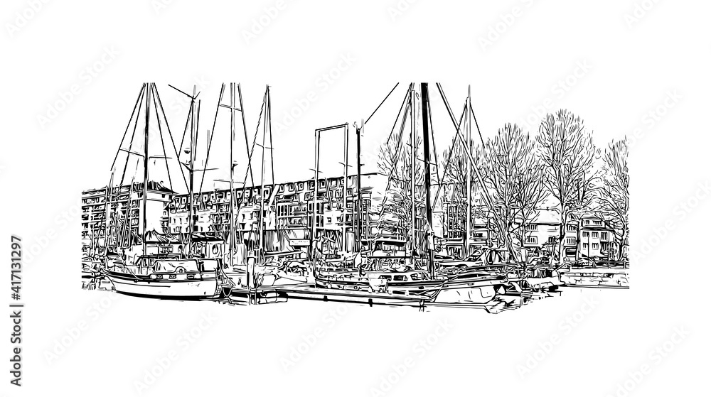 Building view with landmark of Caen is a port city and capital of Calvados department in northern France. Hand drawn sketch illustration illustration in vector.