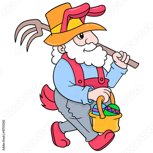 The bearded old man walked happily with a basket filled with Easter eggs, doodle icon image kawaii