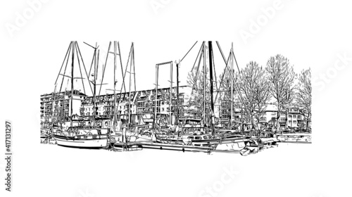 Obraz na płótnie Building view with landmark of Caen is a port city and capital of Calvados department in northern France. Hand drawn sketch illustration illustration in vector. w salonie