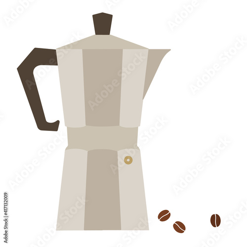 Geyser coffee maker and coffee beans on a white background.
