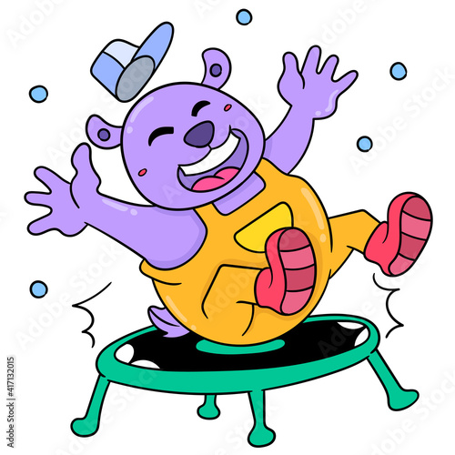 purple bear is having fun jumping and jumping playing trampoline, doodle icon image kawaii