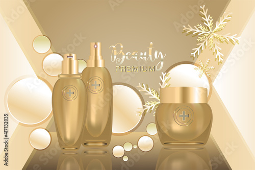 Beauty product ad design, gold cosmetic containers with holiday concept background ready to use, luxury skincare banner, illustration vector.