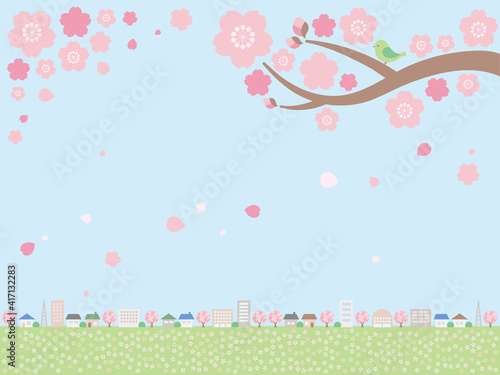 シンプルな春の街並みの背景イラスト レイアウトが下の遠景
