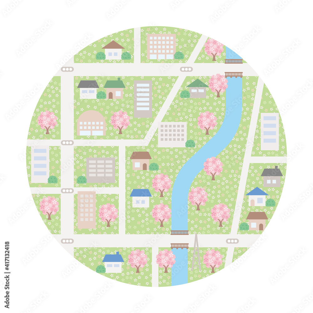 シンプルな春の街並みの背景イラスト 円形の中に地図のようなレイアウト Stock Vector Adobe Stock シンプルな春の街並みの背景イラスト 円形の中に地図のようなレイアウト Stock Vector Adobe Stock