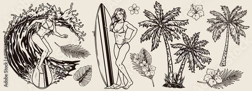 Summer surfing vintage monochrome concept