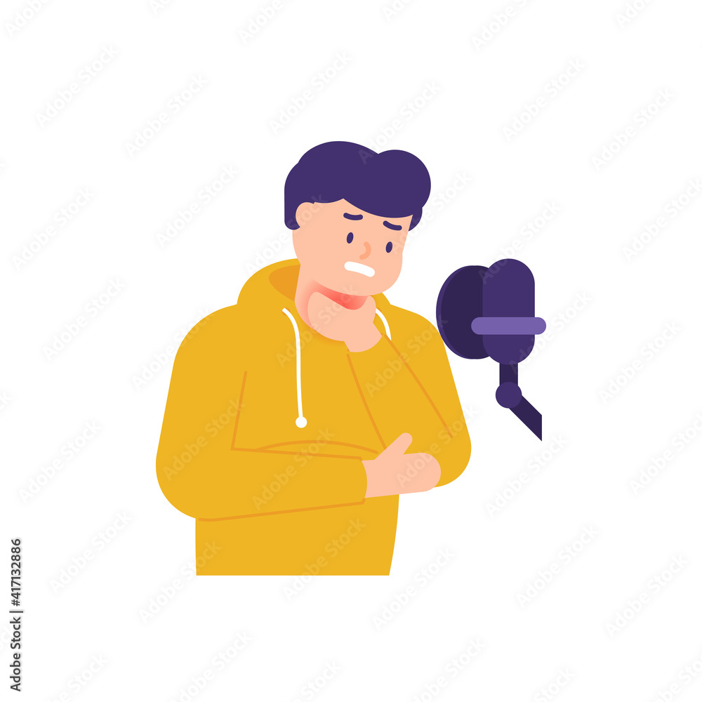 a man feels pain, heat, and dryness in the throat. a side effect of singing or talking too much. heartburn and sore throat. expression of a person in pain. flat style. vector design element a man feels pain, heat, and dryness in the throat. a side effect of singing or talking too much. heartburn and sore throat. expression of a person in pain. flat style. vector design element
