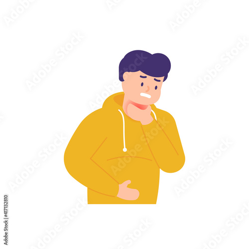 a man feels pain, heat, and dryness in the throat. a side effect of singing or talking too much. heartburn and sore throat. expression of a person in pain. flat style. vector design element