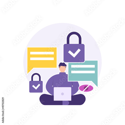 a concept of security and privacy, safe chat, protection from data theft, user protection. illustration of a man sitting cross-legged and using a laptop to chat or communicate. flat style. vector