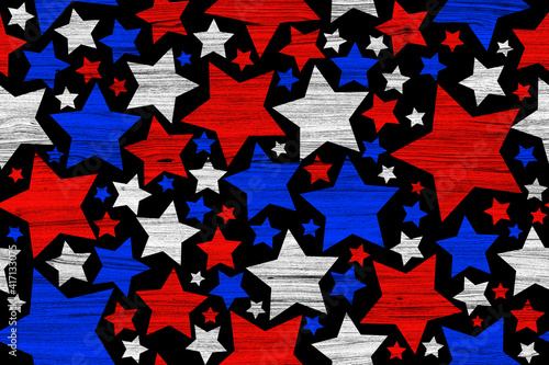 Red, blue and white stars. Seamless wood background texture. Template for design. Stars pattern for wrapping paper. Retro. Vintage. Black background.	