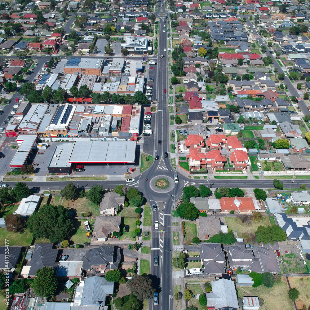 Obraz premium Panoramic aerial view of road roundabout in Broadmeadows Melbourne Victoria Australia