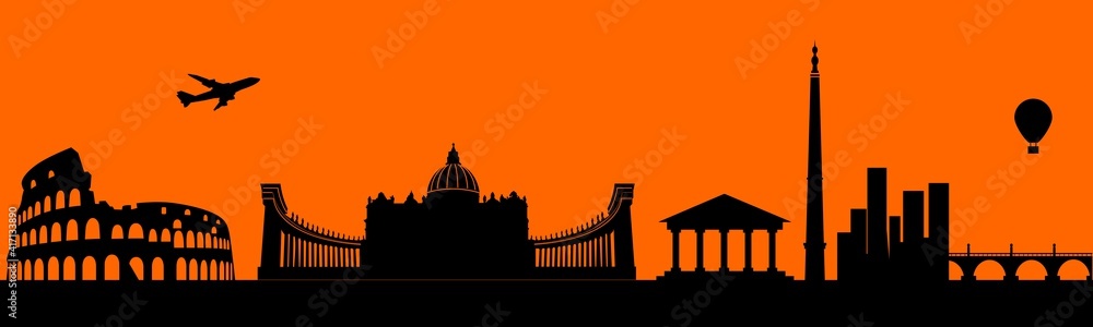Vector city skyline silhouette - illustration, 
Town in orange background, 
Rome Italy