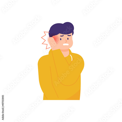 a man holds his ear because he feels aches and pains. the ear is swollen and red. illustrations of facial expressions of people who endure the pain. flat style. vector design element