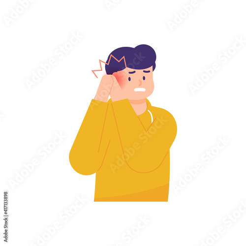 a man holds his ear because he feels aches and pains. the ear is swollen and red. illustrations of facial expressions of people who endure the pain. flat style. vector design element