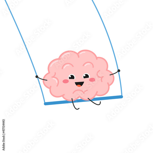 Happy kawaii laughing brain character on swing