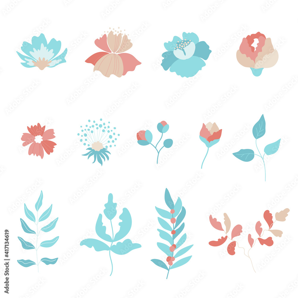 Hello spring. Set of cute hand-drawn Spring flowers. Many bright and beautiful flowers. Cute floral seamless pattern. Vector background with flowers and leaves.