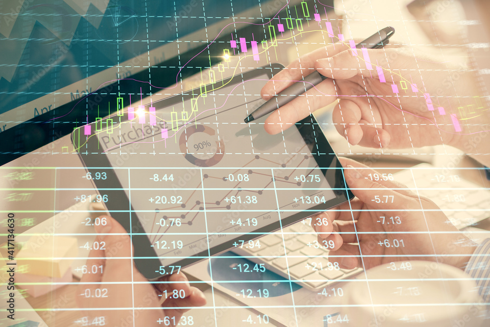 Double exposure of man's hands holding and using a phone and financial chart drawing. Market analysis concept. Double exposure of man's hands holding and using a phone and financial chart drawing. Market analysis concept.