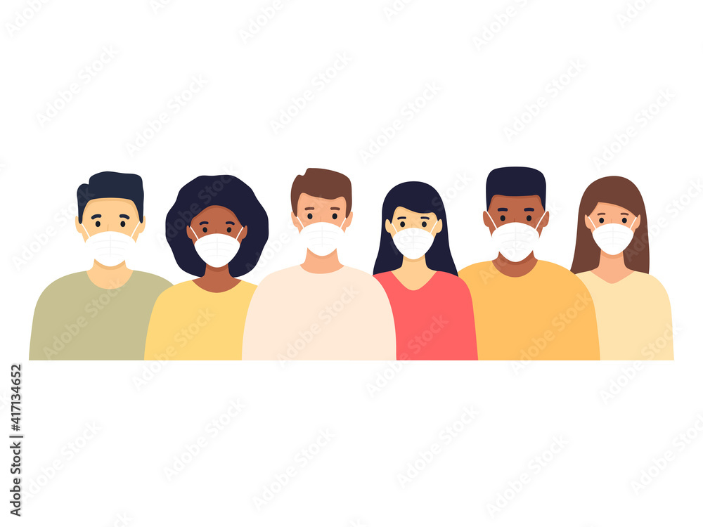 Group of multicultural men and women wearing protective medical masks. Young diverse people standing together. Disease, contaminated air, world pollution, pandemic concept. Vector isolated on white Group of multicultural men and women wearing protective medical masks. Young diverse people standing together. Disease, contaminated air, world pollution, pandemic concept. Vector isolated on white