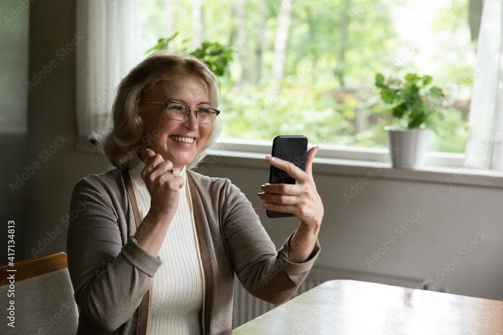Happy excited mature smartphone user getting surprising good news, reading message, winning prize, smiling and laughing. Retired woman using mobile phone for video call, talking, making winner gesture Happy excited mature smartphone user getting surprising good news, reading message, winning prize, smiling and laughing. Retired woman using mobile phone for video call, talking, making winner gesture