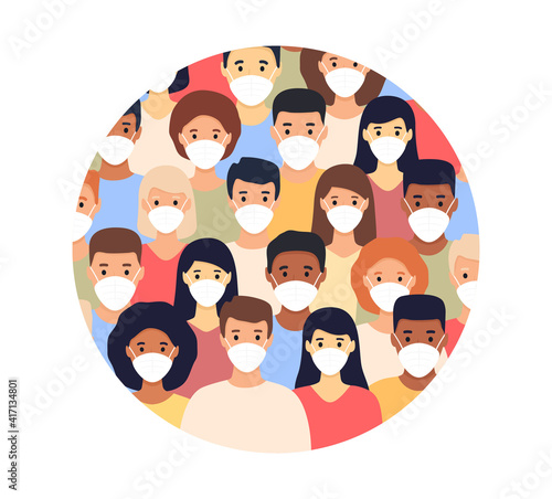Group of multicultural men and women wearing medical masks in round shape. People crowd in protective face mask. Pandemic concept in circle. Vector illustration in a flat style.