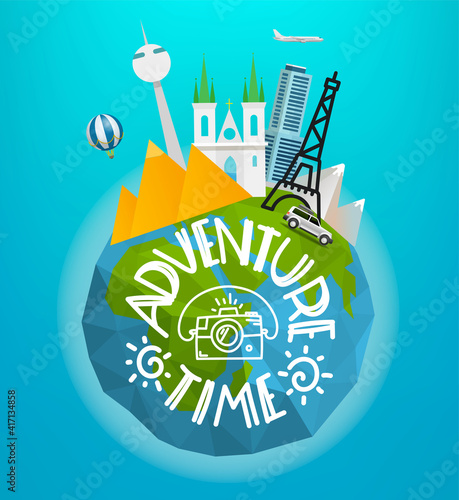 Adventure time concept. Vector travel illustration with different famous sights and vehicles