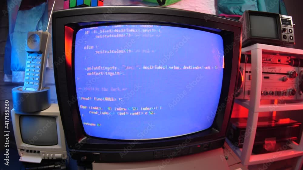Vintage computer screen with coding appearing on a retro CRT screen ...