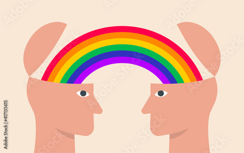 Profile silhouette of two heads connected by a rainbow. Mutual understanding.