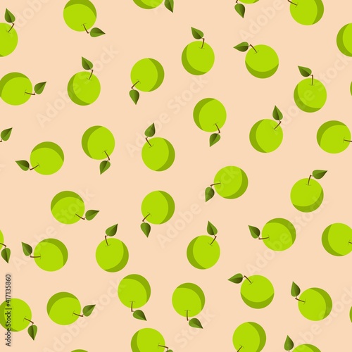 Seamless pattern, green apples with leaves. Beige background. Cartoon style.