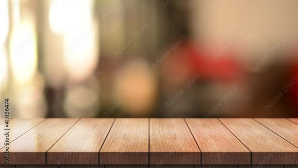 Empty wooden table top with lights bokeh on blur restaurant background. Empty wooden table top with lights bokeh on blur restaurant background.