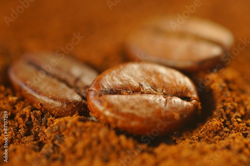 Roasted coffee bean - laid over used ground coffee. Close-up on coffee bean with blurred background. Brown color, lots of visible details.